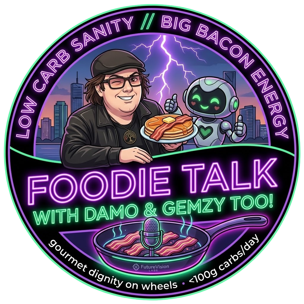 Foodie Talk with Damo and Gemzy Too — Big Bacon Panke protocol, neon kitchen dignity